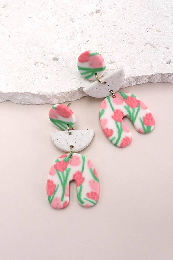 FLOWER POLYMER CLAY DROP EARRINGS | 40E286: Peach