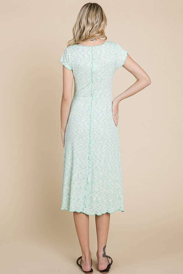 V-NECK CAP SLEEVE A-LINE MIDI DRESS: BUBBLE MINT