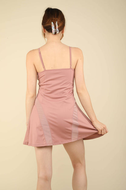 ND31165-Activewear Mesh Detail Tennis Mini Dress: MAUVE