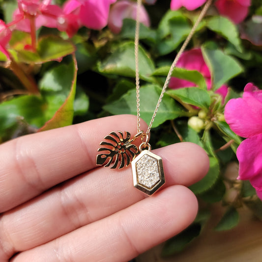 Leaf druzy double pendant necklace