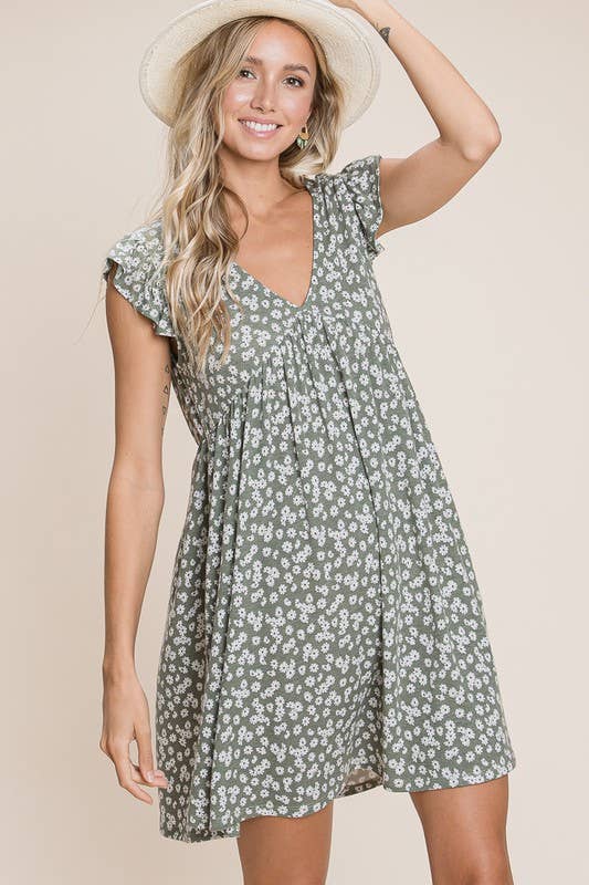 Mini Floral Swing Dress Olive