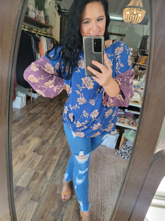 Curvy Girl Blue Purple Floral Print Bubble Sleeve Top