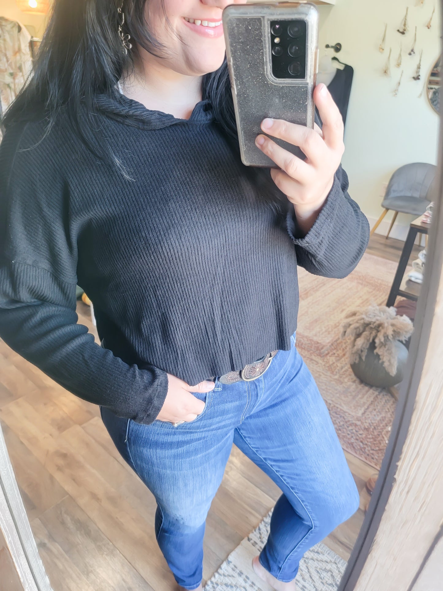 Black Hooded Ribbed Crop Top