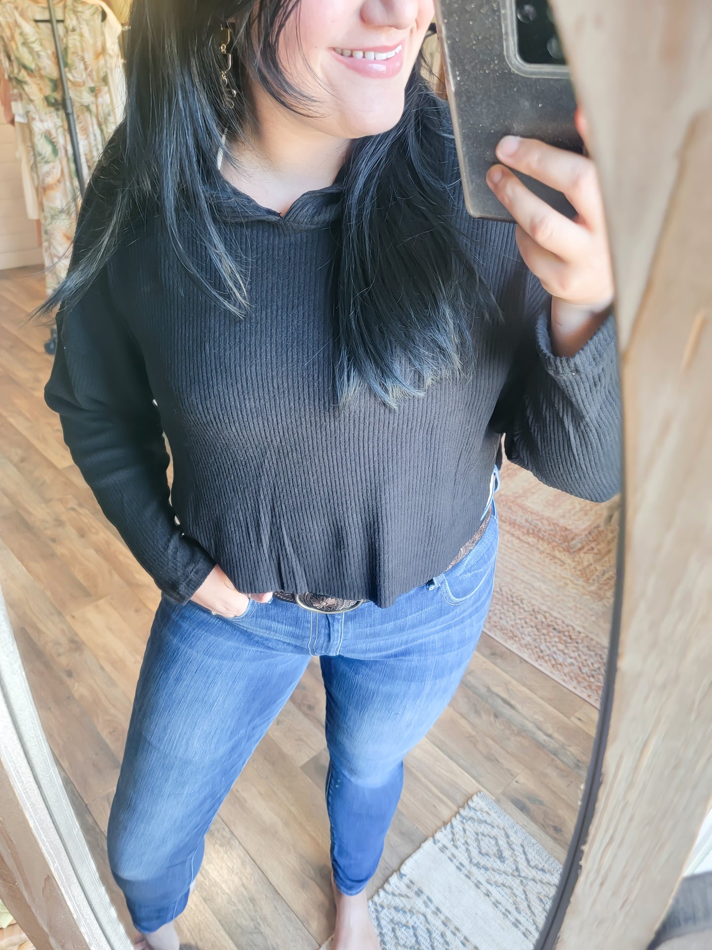 Black Hooded Ribbed Crop Top