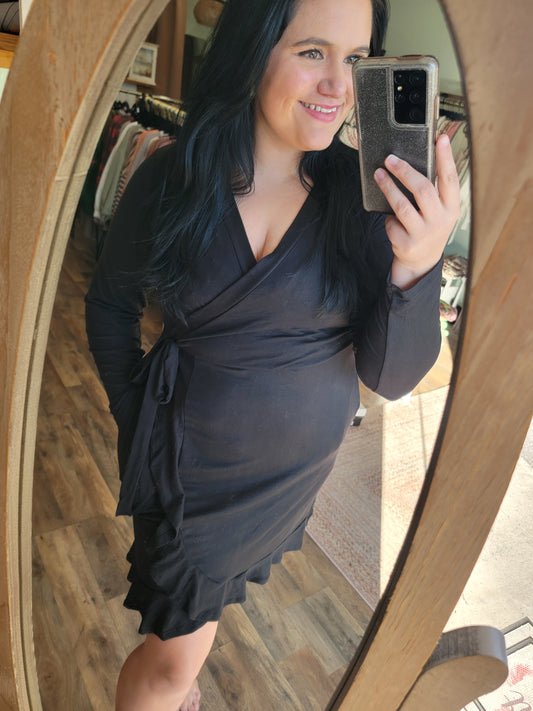 Curvy Girl Black Longsleeve Surplice dress