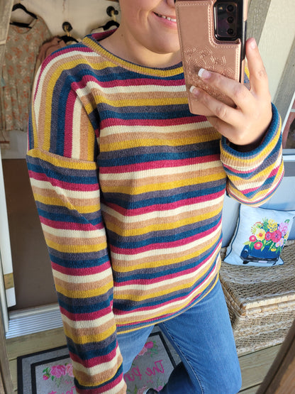 Mustard Striped Fuzzy Sweater