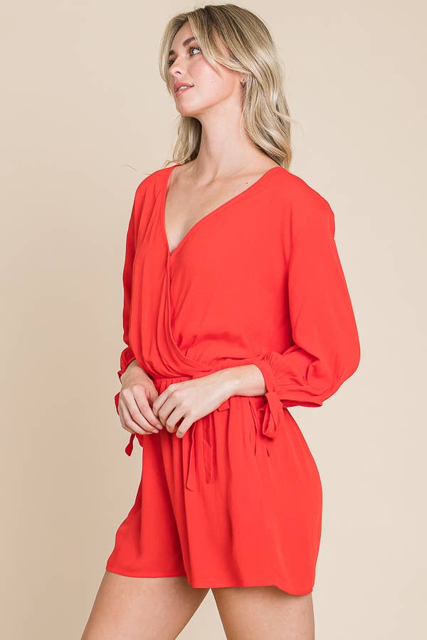 BOHEMIAN SURPLUS STRAP DETAIL ROMPER: RED ORANGE