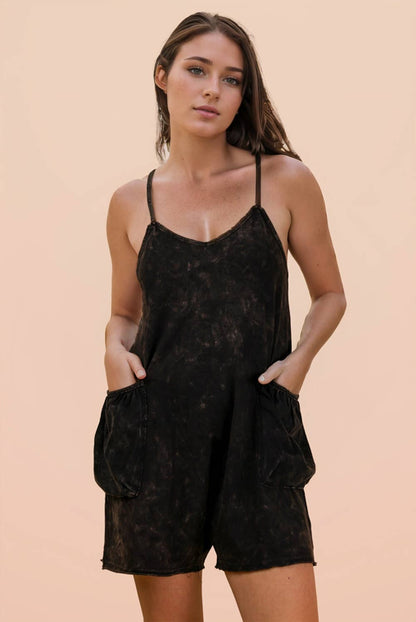 Mineral Washed Sleeveless Casual Knit Romper: BLACK