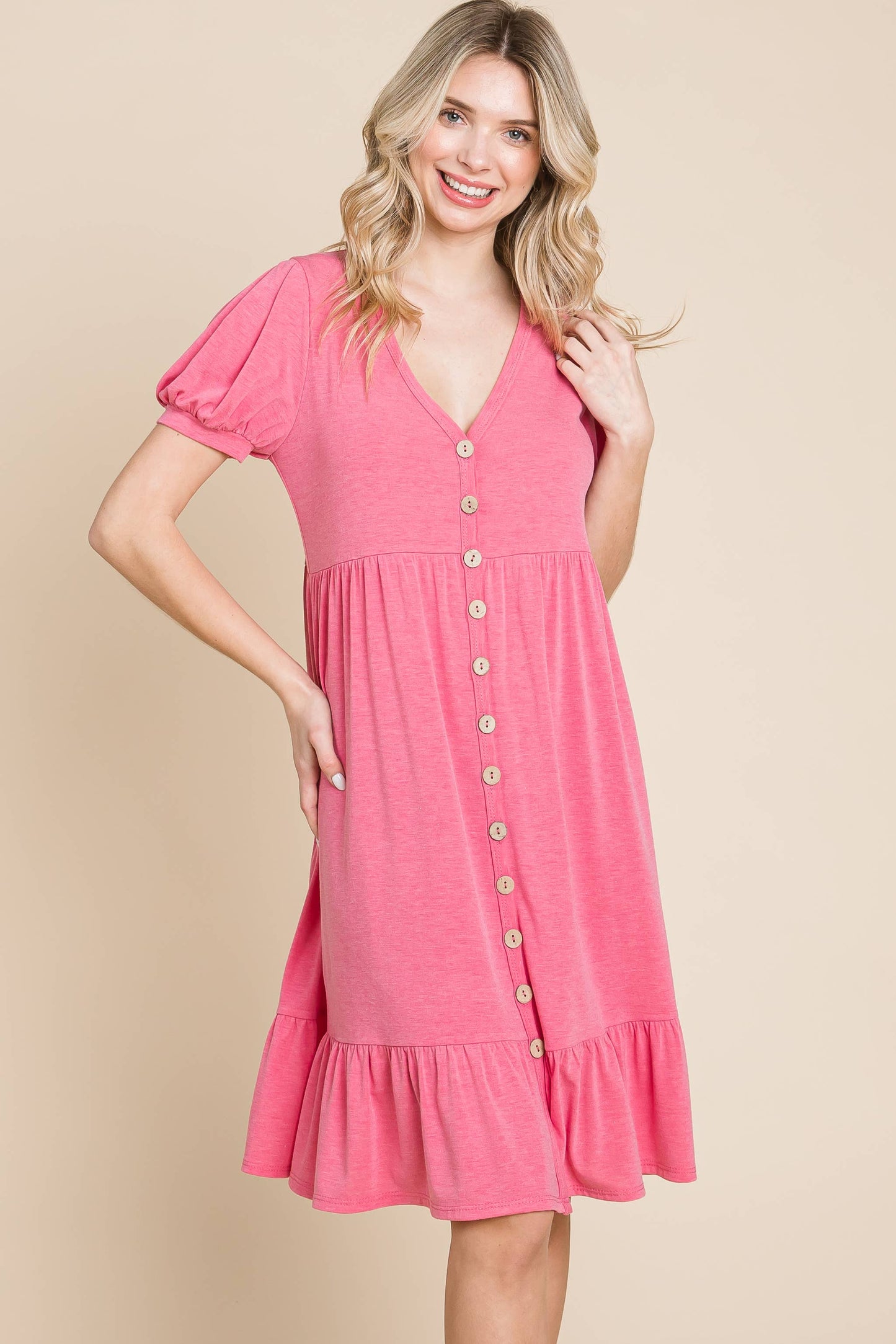 Coral Pink Vneck Button Dress