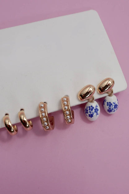 BLUE CERAMIC PORCELAIN TRIO HUGGIE HOOP EARRINGS Gold