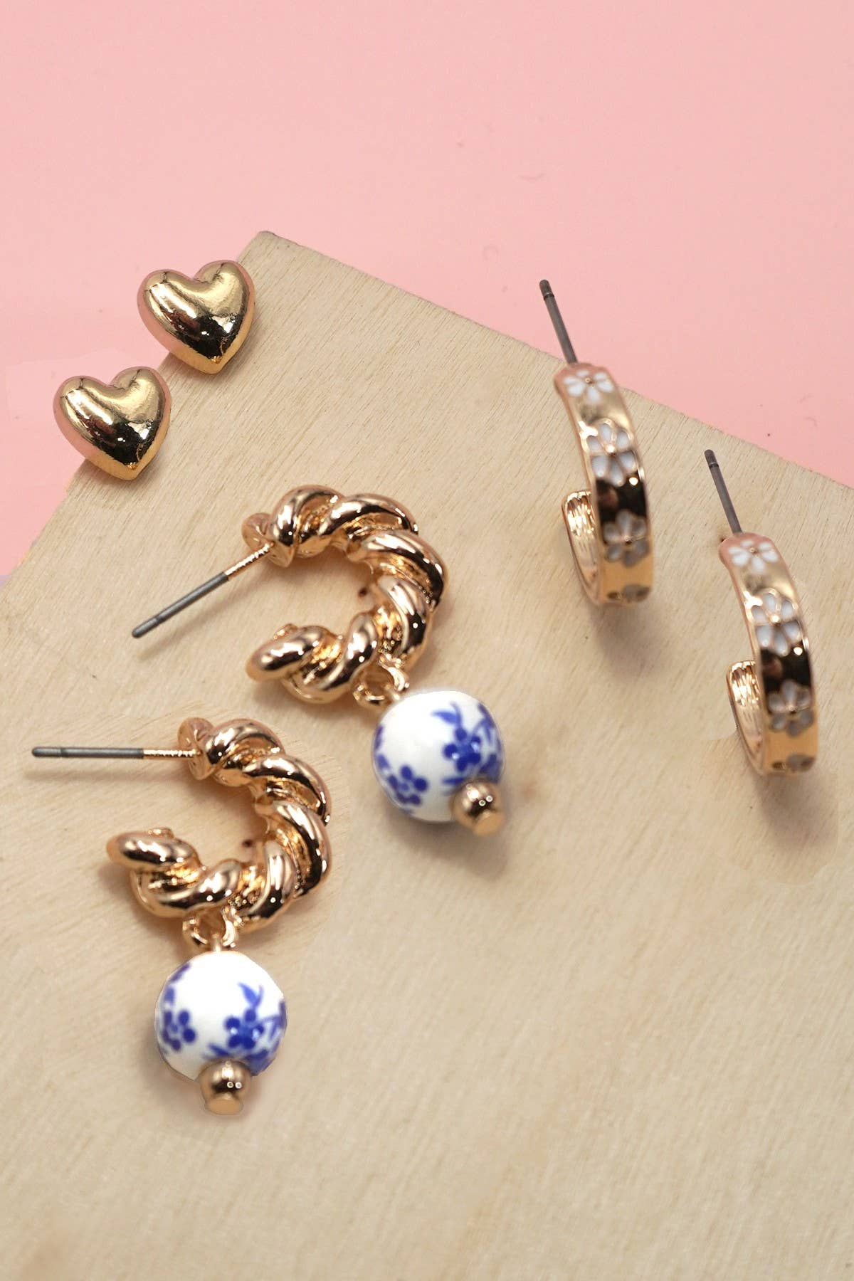 BLUE CERAMIC PORCELAIN HEART TRIO HUGGIE HOOP EARRINGS GOLD