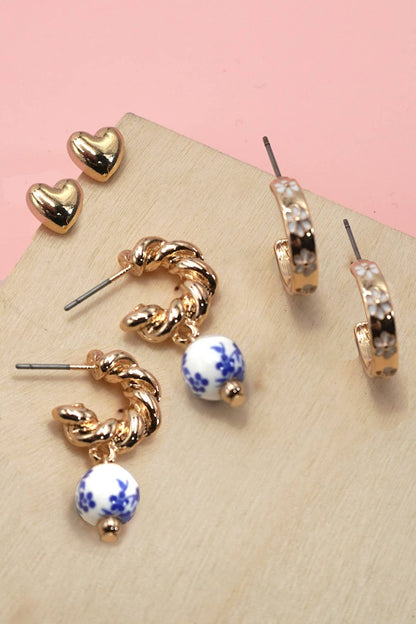 BLUE CERAMIC PORCELAIN HEART TRIO HUGGIE HOOP EARRINGS GOLD