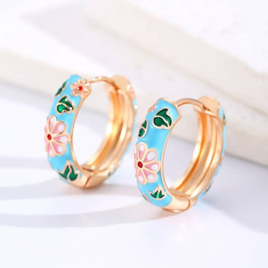VINTAGE CLOISONNE ENAMEL FLORAL HOOP EARRINGS  | 40E358: Blue