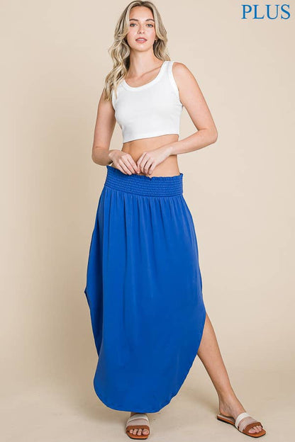 Smocking Waist Deep Side Slit Maxi Skirt COBALT BLUE