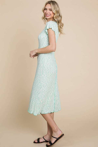 V-NECK CAP SLEEVE A-LINE MIDI DRESS: BUBBLE MINT