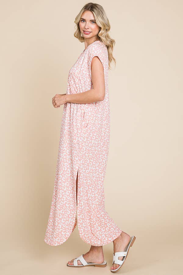 V Neck Oversized Maxi Dress blush leopard