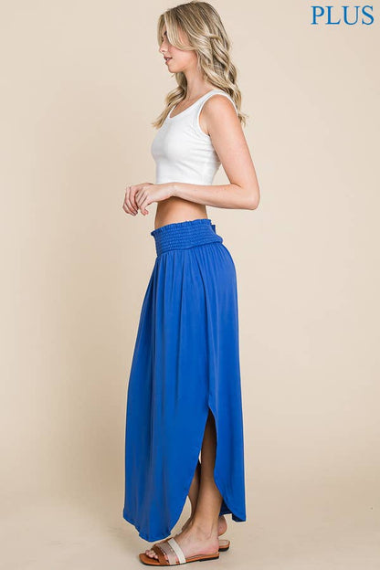 Smocking Waist Deep Side Slit Maxi Skirt COBALT BLUE