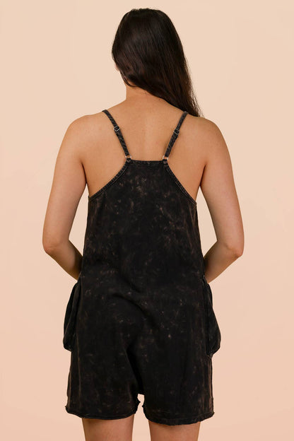 Mineral Washed Sleeveless Casual Knit Romper: BLACK