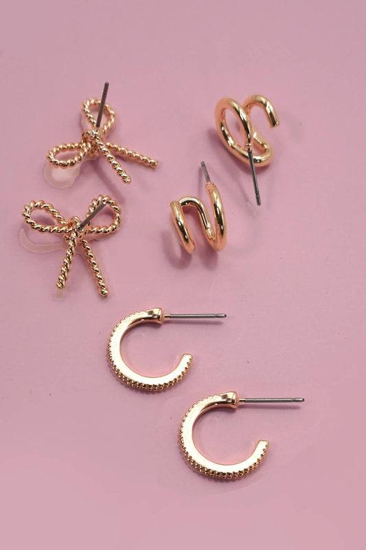 TRIO HUGGIE BOW HOOP TITANIUM POST EARRINGS | 80E06205: Gold