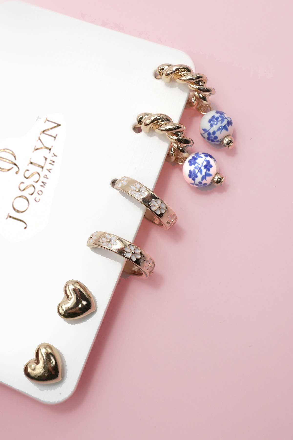 BLUE CERAMIC PORCELAIN HEART TRIO HUGGIE HOOP EARRINGS GOLD