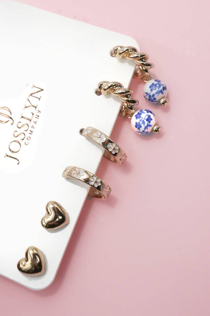 BLUE CERAMIC PORCELAIN HEART TRIO HUGGIE HOOP EARRINGS GOLD