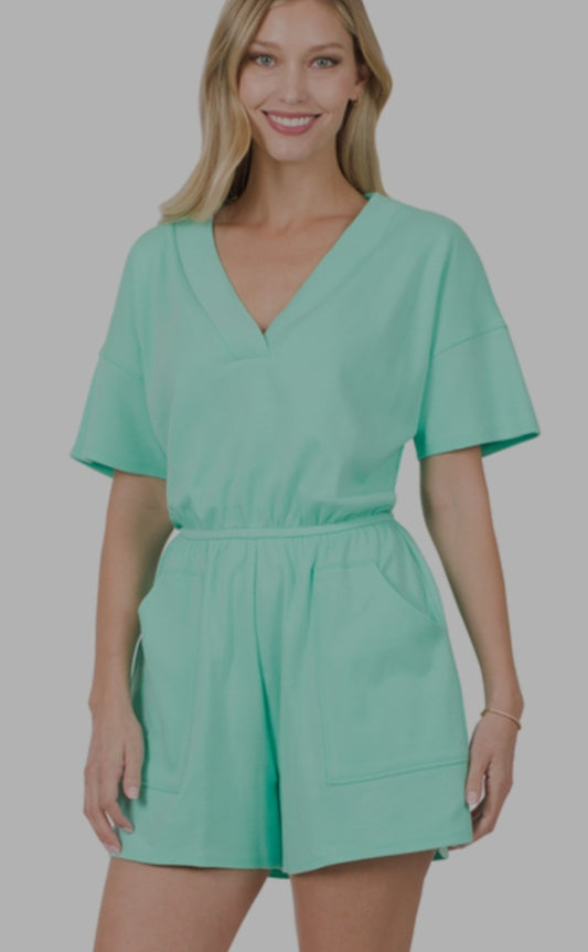 Mint Vneck Romper with Pockets