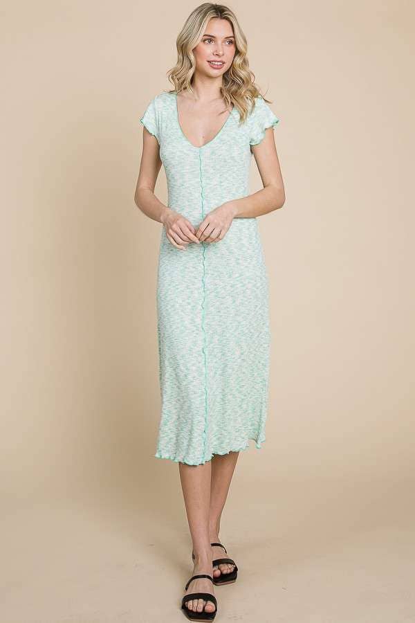 V-NECK CAP SLEEVE A-LINE MIDI DRESS: BUBBLE MINT