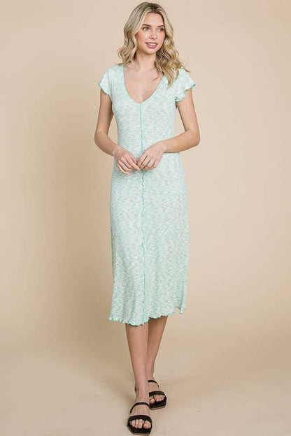 V-NECK CAP SLEEVE A-LINE MIDI DRESS: BUBBLE MINT