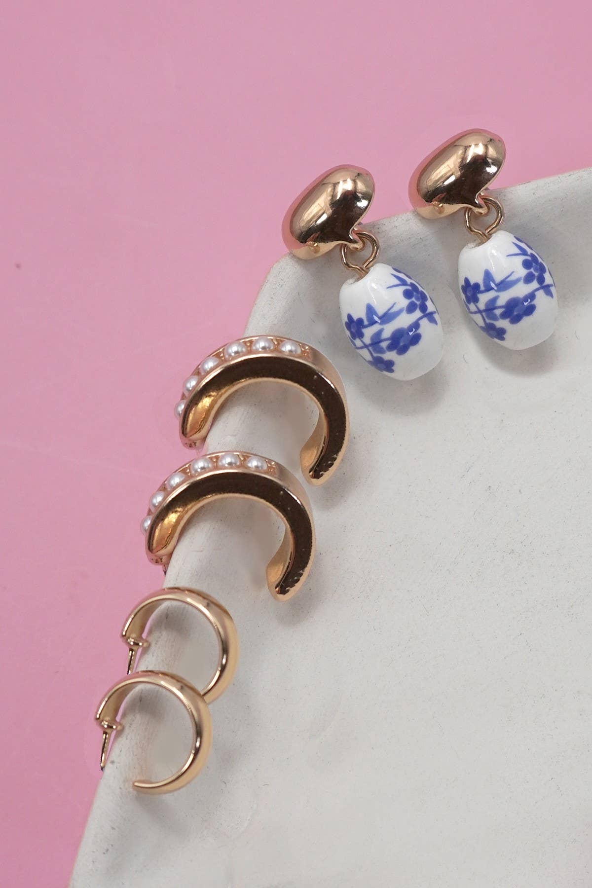 BLUE CERAMIC PORCELAIN TRIO HUGGIE HOOP EARRINGS Gold