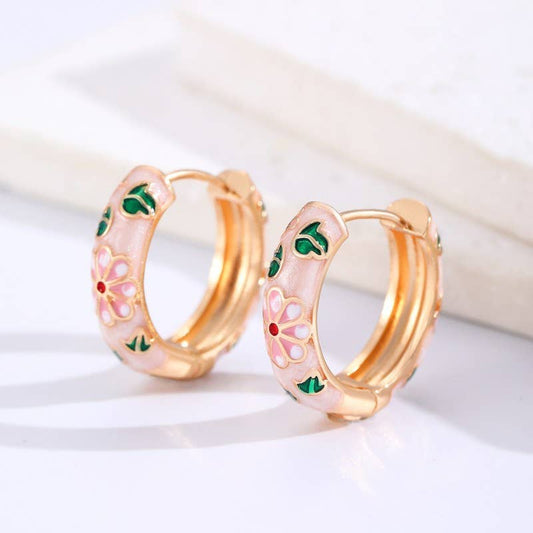 VINTAGE CLOISONNE ENAMEL FLORAL HOOP EARRINGS  | 40E358: Pink