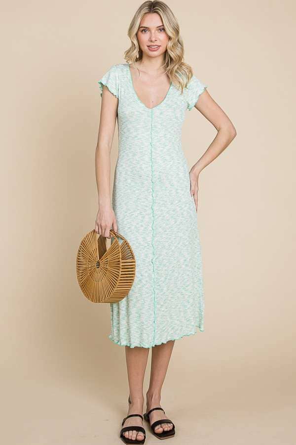 V-NECK CAP SLEEVE A-LINE MIDI DRESS: BUBBLE MINT