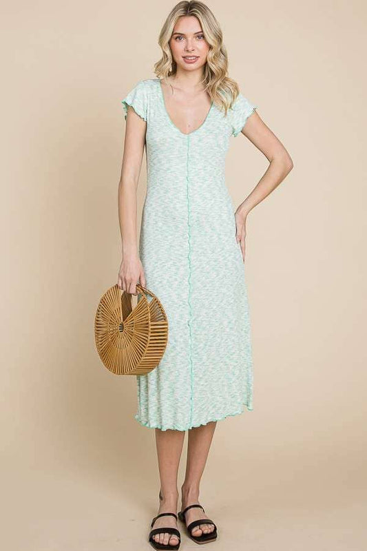 V-NECK CAP SLEEVE A-LINE MIDI DRESS: BUBBLE MINT