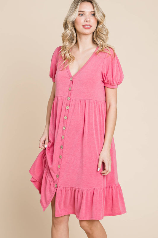 Coral Pink Vneck Button Dress