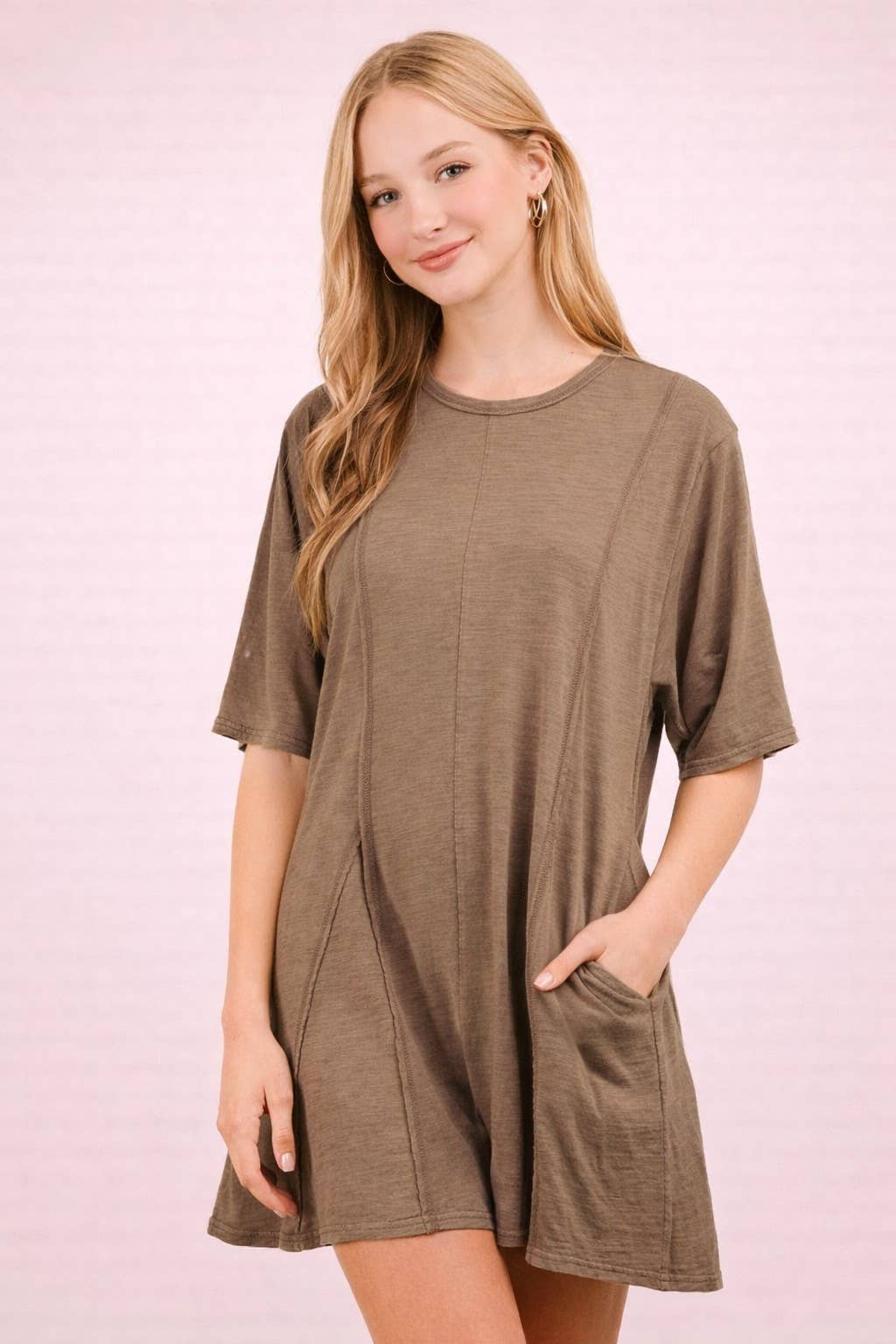 Mineral Washed Oversized Knit Comfy Romper: MOCHA
