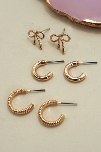MINI BOW HUGGIE HOOP TRIO EARRINGS Gold