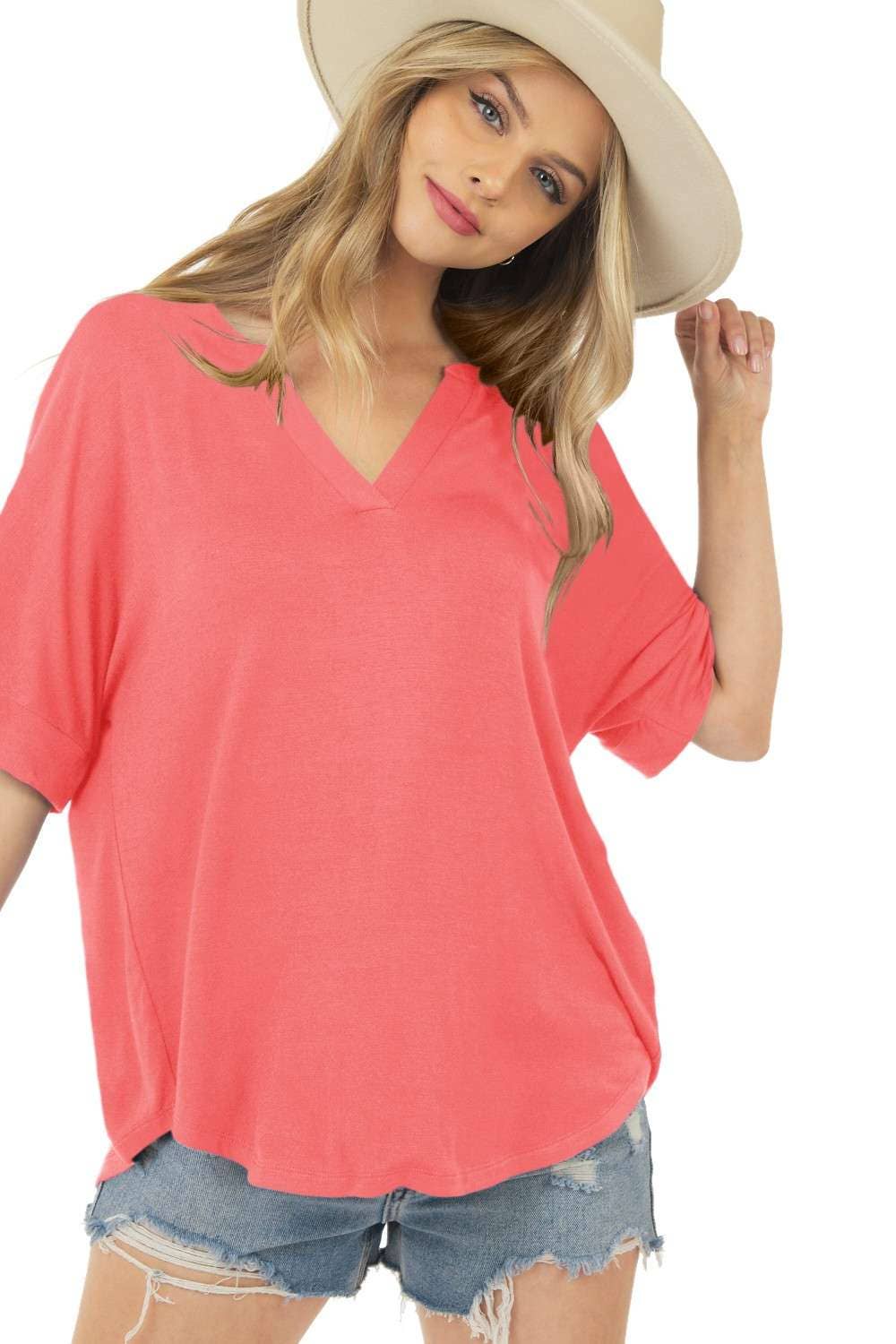 Coral Basic Short Sleeve V Neck Top with Banded Sleeves